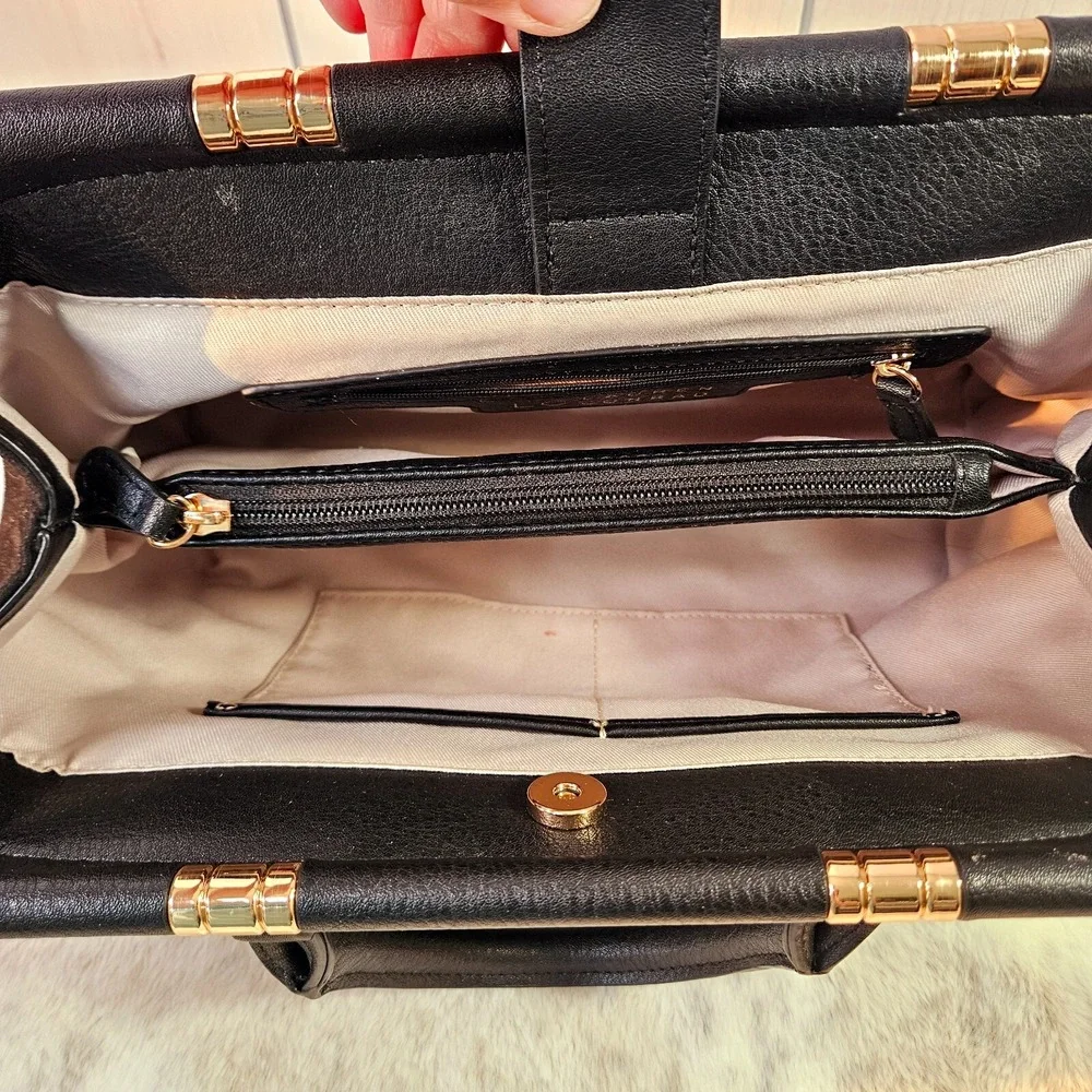 Lauren Conrad Black Faux Pebble‎ Leather & Suede Handbag Satchel Purse Rose Gold
